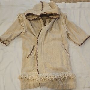 Free People Fringe Hooded Boho Hooded Fringe Coat Jacket Sweater in Cream Sz S/P
